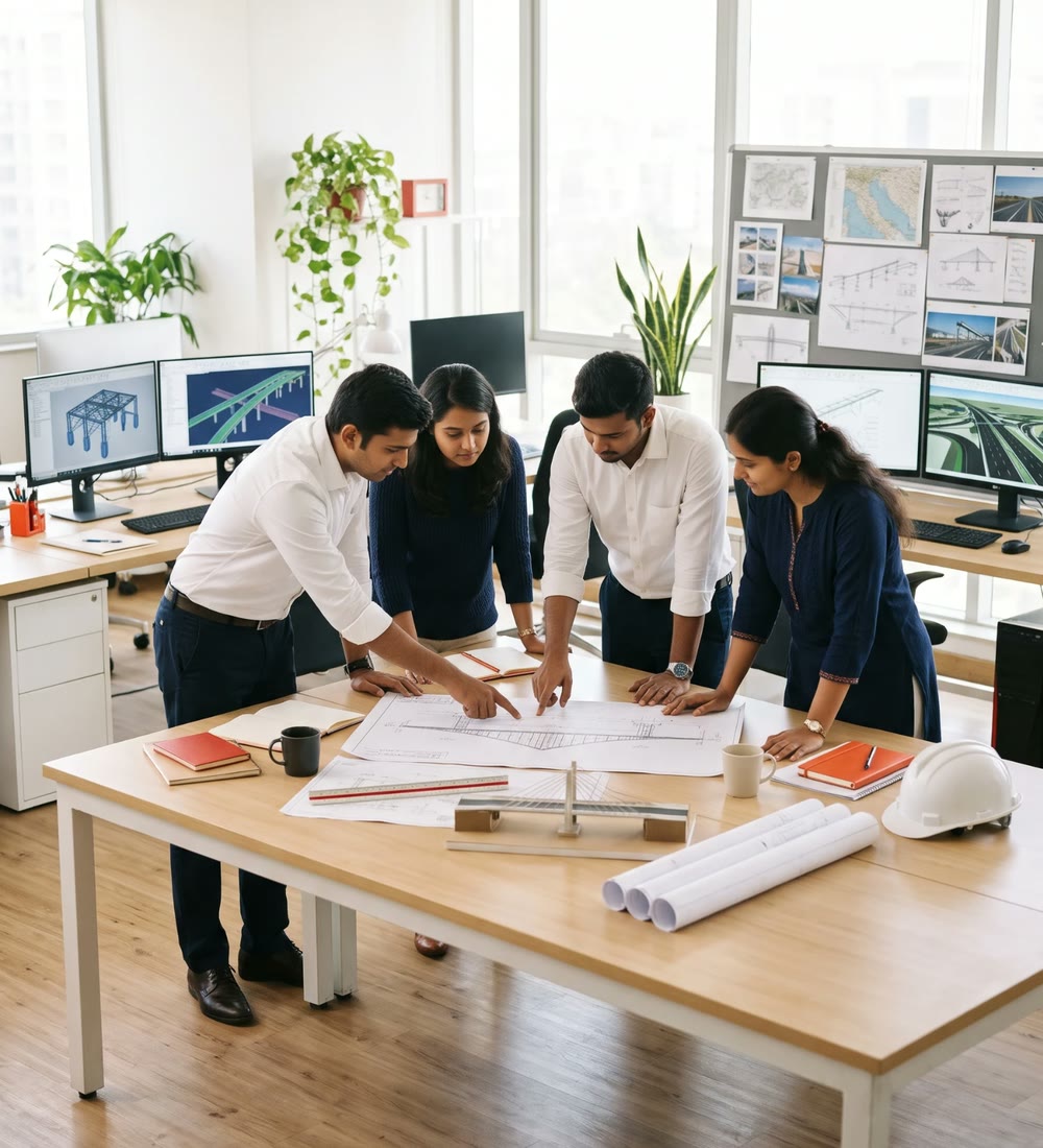 Young engineers reviewing a bridge drawing together in a bright design office