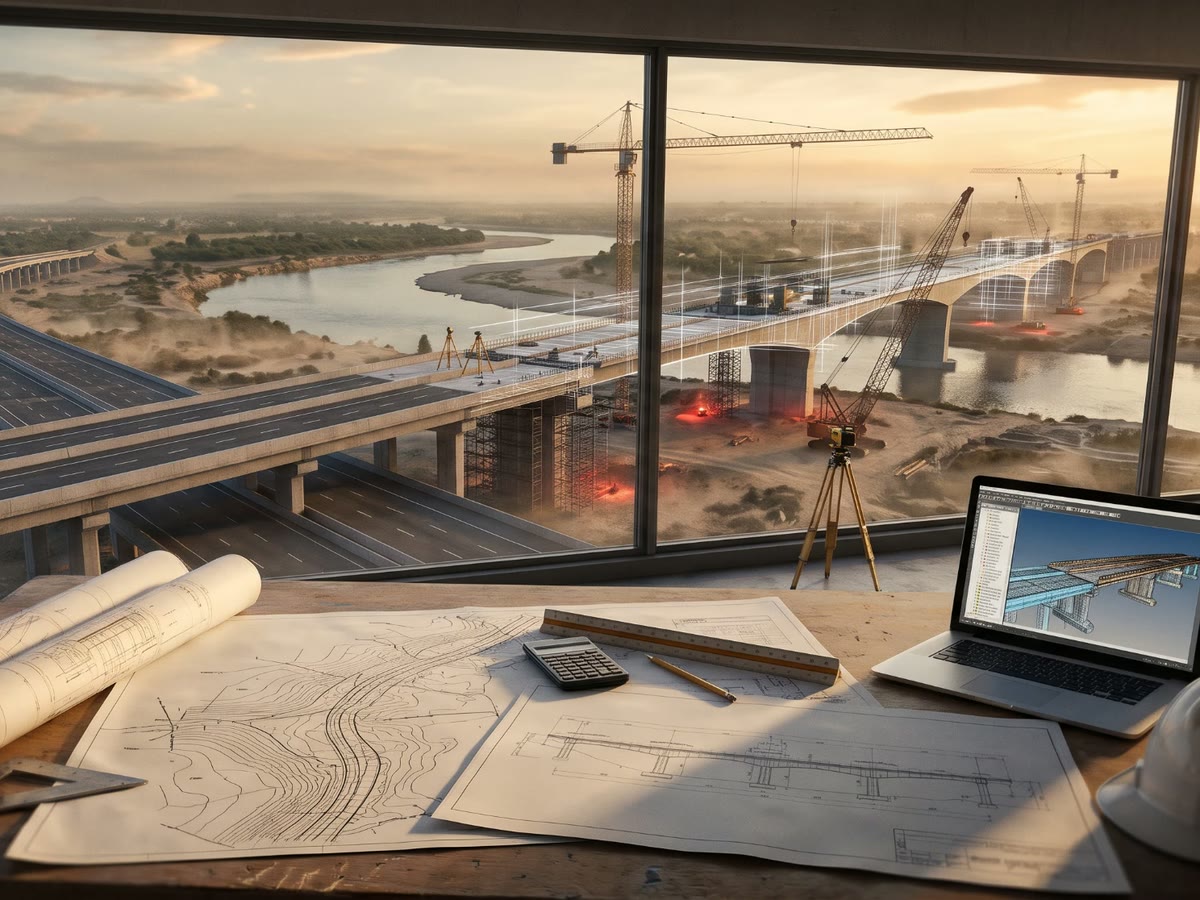 Engineering drawings, alignment plans and a bridge model on a drafting table, overlooking a highway flyover and river bridge under construction